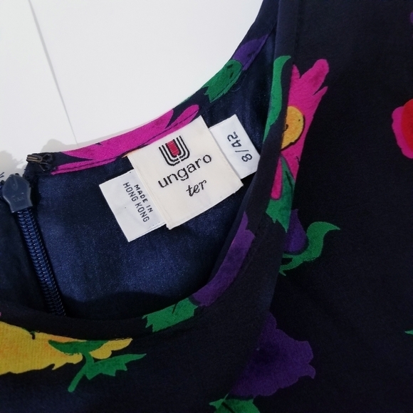 UNGARO Ter Vintage 80s Navy & Multi Silk Floral Print Dress - Picture 8 of 13